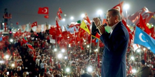 Turkish President Recep Tayyip Erdogan during a rally of his supporters after the country’s abortive July 15 coup, Istanbul, Aug. 7, 2016 (Presidential Press Service photo by Kayhan Ozer via AP).