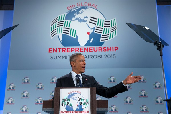 President Barack Obama at the Global Entrepreneurship Summit, Nairobi, July 25, 2015 (AP photo by Evan Vucci).