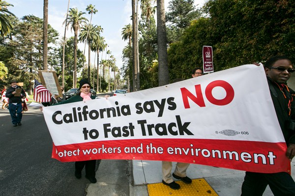 A protest against the Trans-Pacific Partnership and Trade Promotion Authority, Beverly Hills, California, May 7, 2015 (AP photo by Damian Dovarganes).