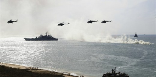 Russian navy ships and helicopters during military drills on the Black Sea coast, Crimea, Sept. 9, 2016 (AP photo by Pavel Golovkin).