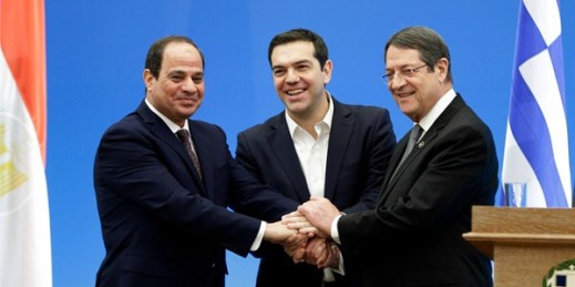 Egyptian President Abdel-Fattah el-Sisi, Greek Prime Minister Alexis Tsipras and Cypriot President Nicos Anastasiades at a summit in Athens, Dec. 9, 2015 (AP photo by Thanassis Stavrakis).