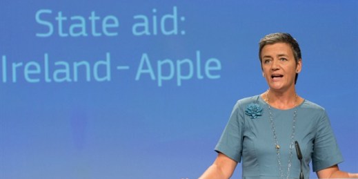European Commissioner for Competition Margrethe Vestager gives a press conference on a case against Apple, Brussels, August 29, 2016 (EU Commission photo by Georges Boulougouris).