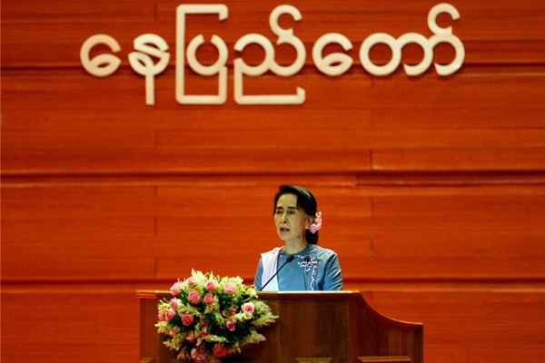 Myanmar's foreign minister, Aung San Suu Kyi, during the Union Peace Conference—21st Century Panglong, Naypyidaw, Myanmar, Sept. 3, 2016 (AP photo by Aung Shine Oo).