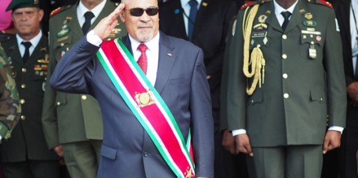 Suriname's president, Desire Delano Bouterse, during a military parade, Paramaribo, Suriname, Aug. 12, 2015 (AP photo by Ertugrul Kilic).