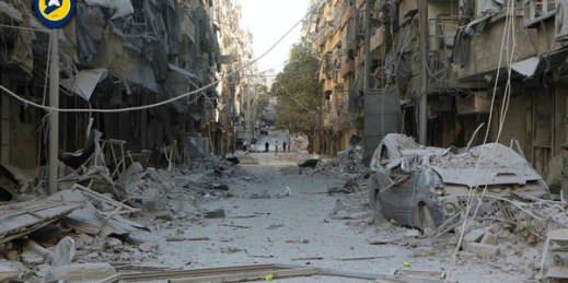 The aftermath of an airstrike in a rebel-held area of Aleppo, Sept. 24, 2016 (Syrian Civil Defense White Helmets photo via AP).