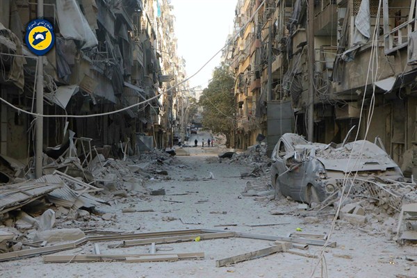 The aftermath of an airstrike in a rebel-held area of Aleppo, Sept. 24, 2016 (Syrian Civil Defense White Helmets photo via AP).