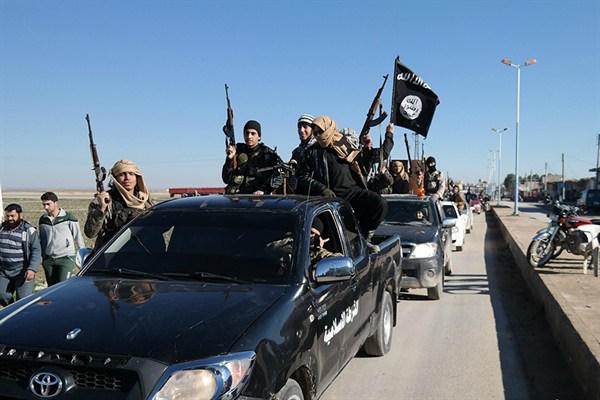 A convoy of Islamic State militants, Tel Abyad, Syria, May 4, 2015 (AP photo via militant website).