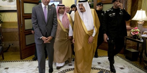 U.S. President Barack Obama and Saudi King Salman at Erga Palace, Riyadh, April 20, 2016 (AP photo by Carolyn Kaster).