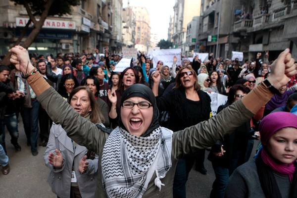 Egyptian women protest violence used against them in clashes between police and protesters, Cairo, Dec. 20, 2011 (AP photo by Amr Nabil).