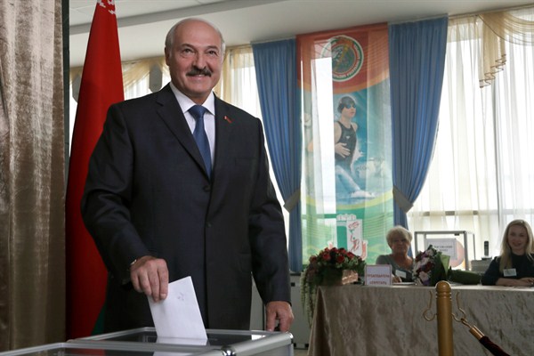 Belarus’ president, Alexander Lukashenko, as he casts his ballot during parliamentary elections, Minsk, Sept. 11, 2016 (AP photo by Sergei Grits).