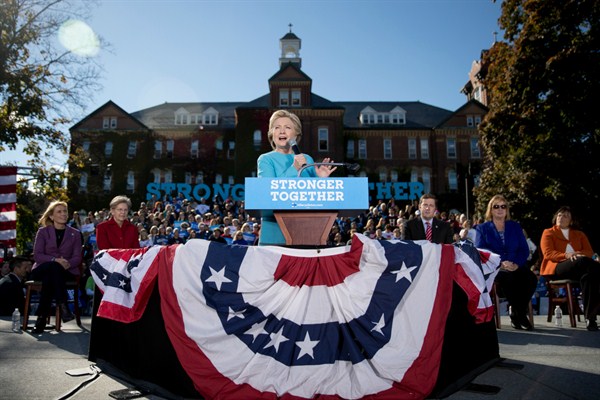 Democratic presidential candidate Hillary Clinton at a rally at St. Anselm College, Manchester, N.H., Oct. 24, 2016 (AP photo by Andrew Harnik).
