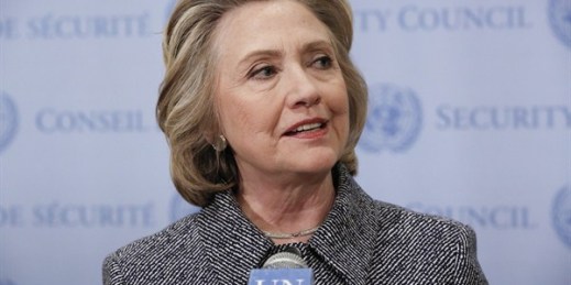 Former United States Secretary of State Hillary Clinton speaks to journalists after a speech at the annual Women’s Empowerment Principles event at the United Nations, New York (March 10, 2015).