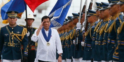 President Rodrigo Duterte reviewing troops at the Philippine Air Force headquarters, Pasay, Philippines, Sept. 13, 2016 (AP photo by Bullit Marquez).