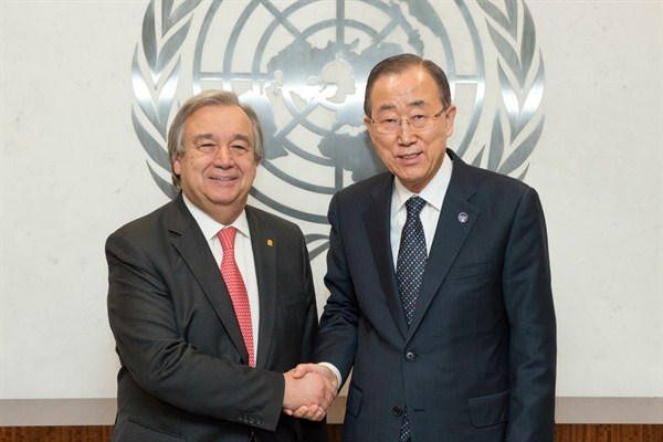 U.N. Secretary-General Ban Ki-moon meets with Antonio Guterres, New York, Dec. 21, 2015 (U.N. photo by Eskinder Debebe).
