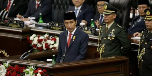 Indonesian President Joko Widodo delivers his State of the Nation address to parliament, Jakarta, Aug. 16, 2016 (AP photo by Tatan Syuflana).