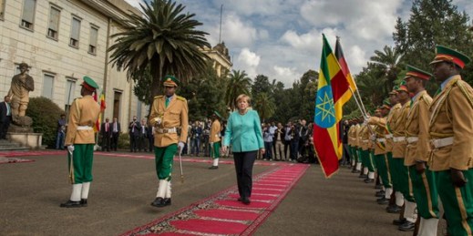 German Chancellor Angela Merkel arriving at the national palace, Addis Ababa, Ethiopia, Oct. 11, 2016 (AP photo by Mulugeta Ayene).