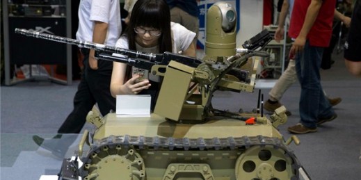 A remote-controlled weaponized robot on display at the 8th China International Exhibition on Police Equipment, Beijing, China, May 19, 2016 (AP photo by Ng Han Guan).