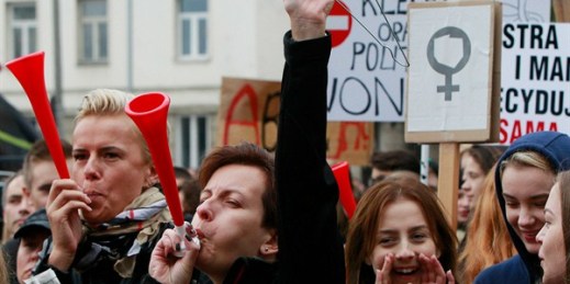 Polish women protest against a legislative proposal for a total ban on abortion, Warsaw, Poland, Oct. 3, 2016 (AP photo by Czarek Sokolowski).