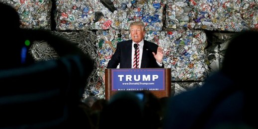 Republican presidential candidate Donald Trump campaigning at a recycling facility, Monessen, Pa., June 28, 2016 (AP photo by Keith Srakocic).