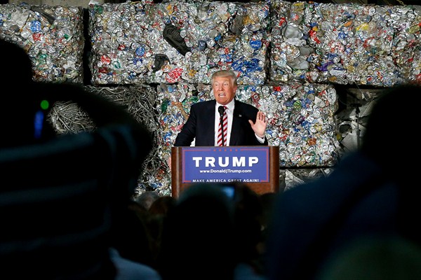 Republican presidential candidate Donald Trump campaigning at a recycling facility, Monessen, Pa., June 28, 2016 (AP photo by Keith Srakocic).