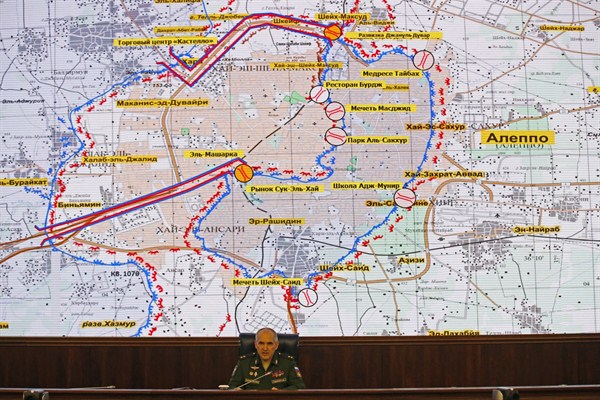 Lt. Gen. Sergei Rudskoi speaks in front of a map of Aleppo at a briefing at the Russian Defense Ministry's headquarters, Moscow, Oct. 19, 2016 (AP photo by Alexander Zemlianichenko).