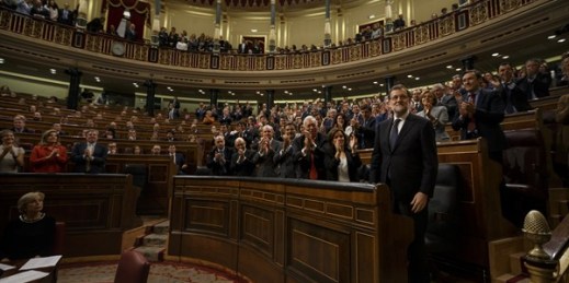 Spain's newly re-elected prime minister, Mariano Rajoy, after the second and final confidence vote at the Spanish Parliament, Madrid, Spain, Oct. 29, 2016 (AP photo by Daniel Ochoa de Olza).