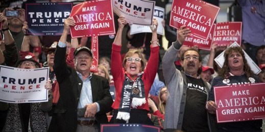 Supporters of Republican presidential candidate Donald Trump cheer during a campaign rally, Oct. 13, 2016, Cincinnati, Oh. (AP photo by John Minchillo).