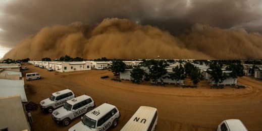 A sand storm over the African Union-United Nations Mission in Darfur (UNAMID) headquarters, El Fasher, North Darfur, Aug. 8, 2015 (UNAMID photo by Adrian Dragnea).