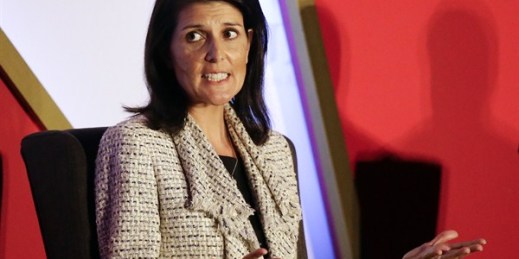 South Carolina Gov. Nikki Haley speaking at the Republican Governors Association annual conference, Orlando, Fla., Nov. 15, 2016 (AP photo by John Raoux).