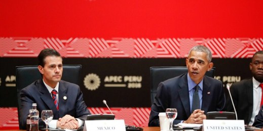 U.S. President Barack Obama and Mexican President Enrique Pena Nieto at the summit of the Asia-Pacific Economic Cooperation (APEC), Lima, Peru, Nov. 19, 2016 (AP photo by Pablo Martinez Monsivais).