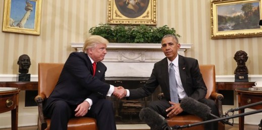 President Barack Obama and President-elect Donald Trump following their meeting in the Oval Office of the White House, Washington, Nov. 10, 2016 (AP photo by Pablo Martinez Monsivais).