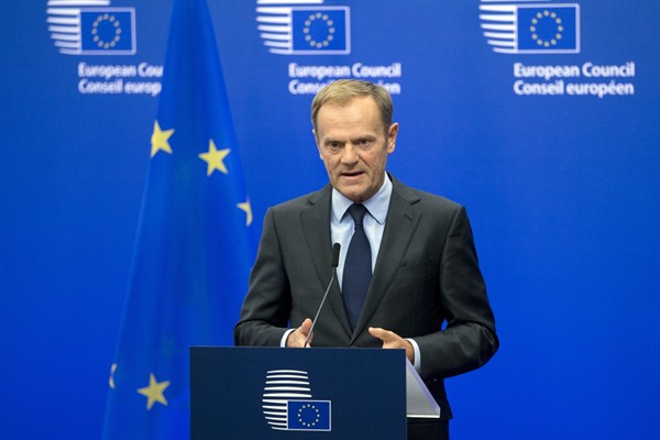 European Council President Donald Tusk during a media conference, Brussels, Nov. 9, 2016 (AP photo by Virginia Mayo).