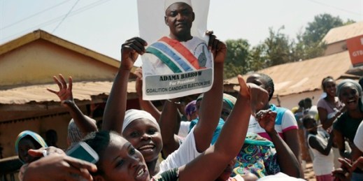 Gambians celebrate the victory of opposition coalition candidate Adama Barrow, Serrekunda, Gambia, Dec. 2, 2016 (AP photo by Jerome Delay).