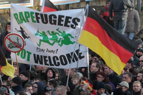 Right-wing demonstrators protest against Muslim refugees, Cologne, Germany, Jan. 9, 2016 (AP photo by Juergen Schwarz).