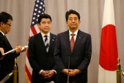 Japanese Prime Minister Shinzo Abe during a press conference after meeting with President-elect Donald Trump, New York, Nov. 17, 2016 (AP photo by Kathy Willens).