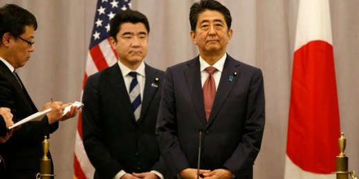 Japanese Prime Minister Shinzo Abe during a press conference after meeting with President-elect Donald Trump, New York, Nov. 17, 2016 (AP photo by Kathy Willens).