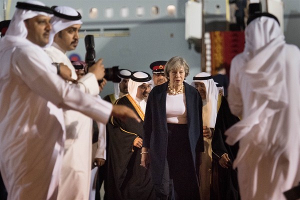 British Prime Minster Theresa May arrives in Bahrain, Dec. 5, 2016 (Photo by Stefan Rousseau via AP Images).
