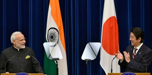 Indian Prime Minister Narendra Modi and Japanese Prime Minister Shinzo Abe at a joint press conference, Tokyo, Japan, Nov. 11, 2016 (AP photo by Franck Robichon).
