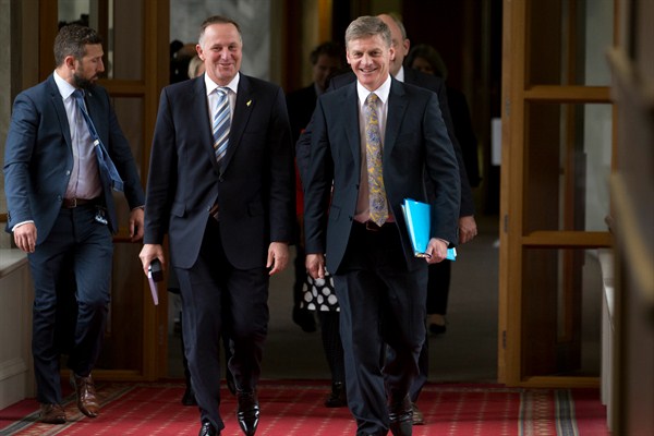 Then-Finance Minister Bill English, right, with then-Prime Minister John Key, left, Wellington, New Zealand, May 21, 2015 (AP photo by Mark Mitchell).