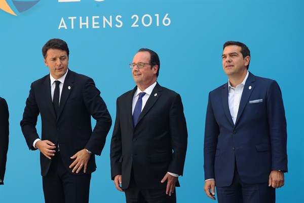 Italin Prime Minister Matteo Renzi, French President Francois Hollande and Greek Prime Minister Alexis Tsipras at the Mediterranean Leader's Summit, Athens, Sept. 9, 2016 (AP photo by Petros Giannakouris).