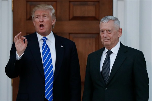 President-elect Donald Trump with retired Marine Corps Gen. James Mattis, Bedminster, New Jersey, Nov. 19, 2016 (AP photo by Carolyn Kaster).