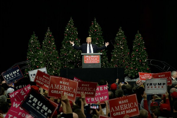 President-elect Donald Trump at a rally in West Allis, Wis., Dec. 13, 2016 (AP photo by Morry Gash).