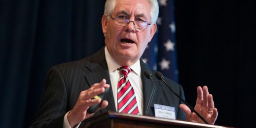 Incoming Secretary of State Rex Tillerson delivers remarks while serving as CEO of ExxonMobil, Washington D.C., March 27, 2015 (AP photo by Evan Vucci).