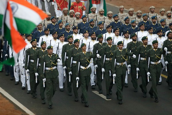 Soldiers from the United Arab Emirates march alongside Indian troops during the Republic Day parade, New Delhi, Jan. 26, 2017 (AP photo by Manish Swarup).