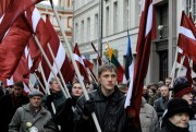 Latvians march to honor soldiers of the Waffen SS unit, known as the Latvian Legion, which fought on the side of Nazi Germany during World War II, Riga, Latvia, March 16, 2008 (AP photo by Roman Koksarov).