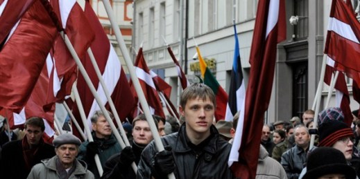 Latvians march to honor soldiers of the Waffen SS unit, known as the Latvian Legion, which fought on the side of Nazi Germany during World War II, Riga, Latvia, March 16, 2008 (AP photo by Roman Koksarov).