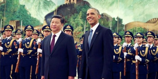 U.S. President Barack Obama during a welcome ceremony with Chinese President Xi Jinping at the Great Hall of the People, Beijing, Nov. 12, 2014 (AP photo by Andy Wong).