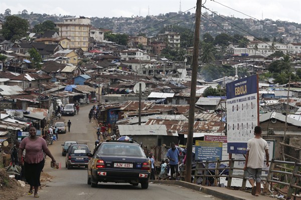 View of a shanty town on the outskirts of Freetown, Sierra Leone, Aug. 13, 2015 (AP photo by Sunday Alamba).