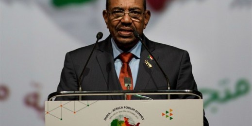 Sudanese President Omar al-Bashir speaks at the India-Africa Forum Summit, New Delhi, Oct. 29, 2015 (AP photo by Bernat Armangue).