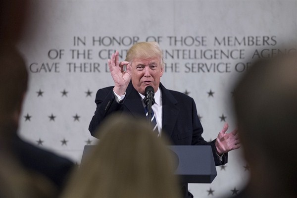 President Donald Trump speaking at the Central Intelligence Agency, Langley, Va., Jan. 21, 2017 (AP photo by Andrew Harnik).